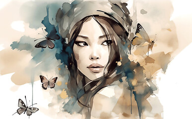 Fashion style asian woman. Illustration.  Post processed AI generated image