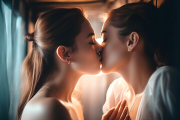 Beautiful young lesbian couple kissing passionately. Generative AI