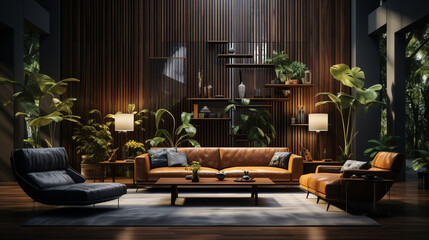 A luxury living room with vertical wooden slats on the back wall. Decorated with neon lights integrated with wall design, wall lights and indoor plants.
