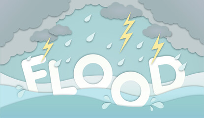 Flood text among grey clouds, rain drops and lightning bolts, natural disaster flash flood illustration