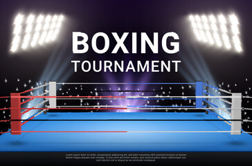 Boxing tournament banner ring illuminated with neon lights realistic vector illustration