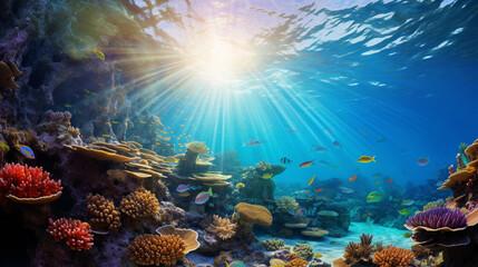 Naklejka na ściany i meble Exotic underwater scene, richly colored coral reef, schools of tropical fish, shafts of sunlight illuminating the scene from above, clear blue water