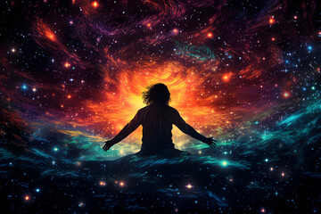 A man floating in a sea of stars represents the connection between the individual and the universe