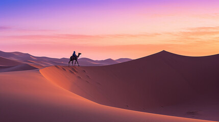 Fototapeta na wymiar Serene desert landscape at twilight, sand dunes forming intriguing patterns, pastel colors in the sky, distant silhouette of a lone camel