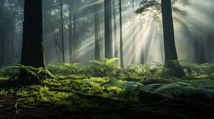 an ancient forest, tall trees with mossy trunks, carpet of green ferns on the forest floor, dense fog, rays of sunlight peeking through the canopy, early morning dew