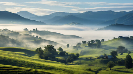 Wide panoramic view of a lush, misty valley, quaint farmhouse nestled among rolling hills, morning light