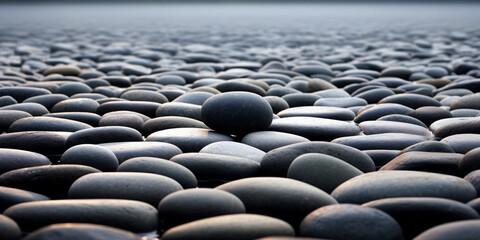 Fototapeta na wymiar Zen rock garden at dawn, abstract simplicity, dew on the pebbles, calm serenity, soft ambient lighting, monochromatic palette