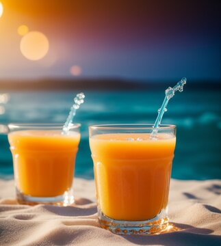 Two glasses of fresh orange juice on the beach at sunset. Selective focus. Generative AI
