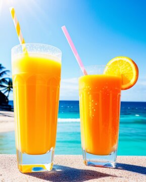Two glasses of fresh orange juice with straws on a tropical beach Generative AI
