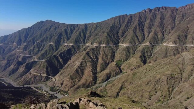 Al Bahah, Saudi Arabia: Panoramic footage of the famous mountain road near Al Bahah in the Hijaz mountains in the middle east