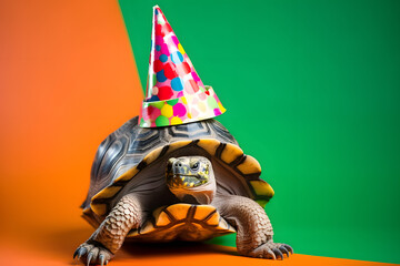 Funny and friendly cute turtle wearing a birthday party hat in studio, on a vibrant, colorful background. Generative AI