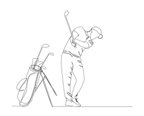 Continuous line drawing of man playing golf. Single one line art concept of professional golfer swinging the stick to hit ball. Editable stroke.