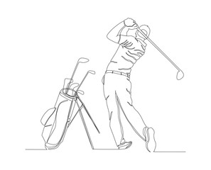 Continuous line drawing of man playing golf. Single one line art concept of professional golfer swinging the stick to hit ball. Editable stroke.