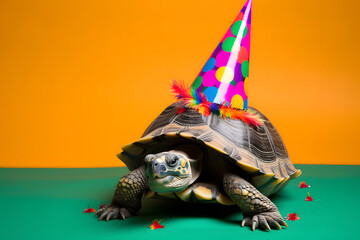 Funny and friendly cute turtle wearing a birthday party hat in studio, on a vibrant, colorful background. Generative AI