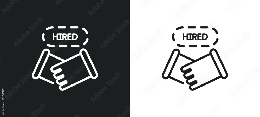 Poster hired outline icon in white and black colors. hired flat vector icon from human resources collection