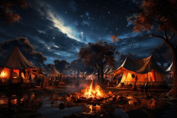 Starry Splendor: A Mesmerizing Campsite with Vibrant Tents Set Against a Celestial Backdrop, Illuminated by a Crackling Campfire Generative AI