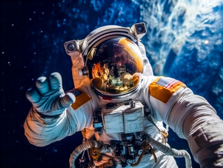 Obraz na płótnie Canvas Astronaut schwebt im Weltraum, Erde im Hintergrund, Generative AI