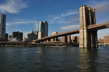 Beautiful shot of Brooklyn Bridge and Hudson River, New York