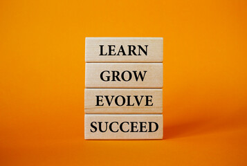Learn Grow Evolve Succeed symbol. Wooden blocks with words Learn Grow Evolve Succeed. Beautiful orange background. Business and Education.Learn Grow Evolve Succeed concept. Copy space.