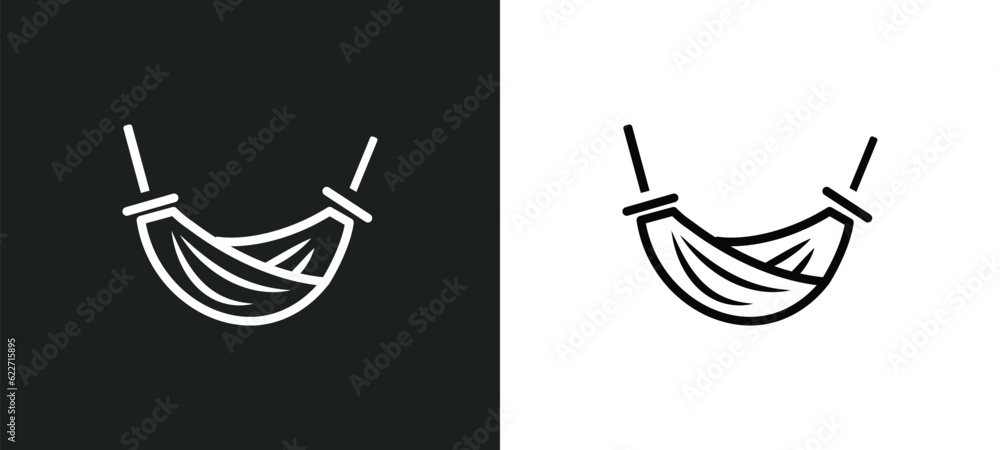 Poster hammock relaxing outline icon in white and black colors. hammock relaxing flat vector icon from holi