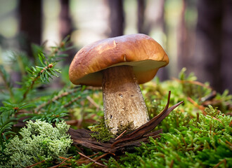 boletus in a beautiful forest with moss and conifers
