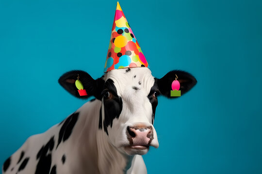 Funny and friendly cute cow wearing a brithday party hat in studio, on a vibrant, colorful background. Generative AI