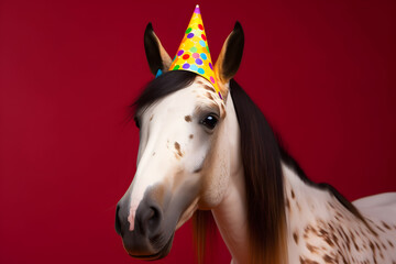 Funny and friendly cute horse wearing a birthday party hat in studio, on a vibrant, colorful background. Generative AI