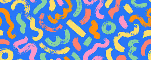 Multi colored squiggles with circles seamless pattern. Brush drawn bold curved lines, waves and swirls. Abstract geometric colorful background with organic bold lines. Childish doodles and scribbles.