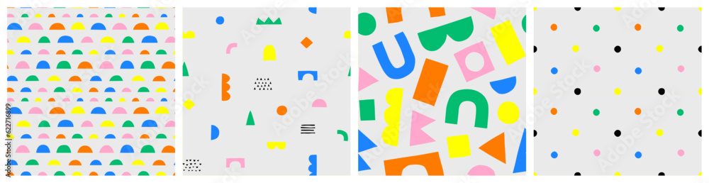 Poster fun colorful seamless pattern collection. creative 90s style geometric shape background for children