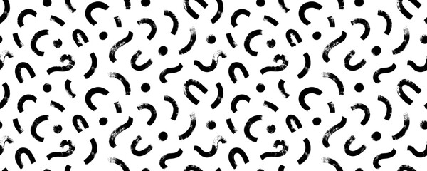 Freehand scribbles seamless pattern. Grunge banner in geometric style. Hand drawn curved bold lines and black dots. Vector organic textile print. Brush drawn curved strokes and waves.