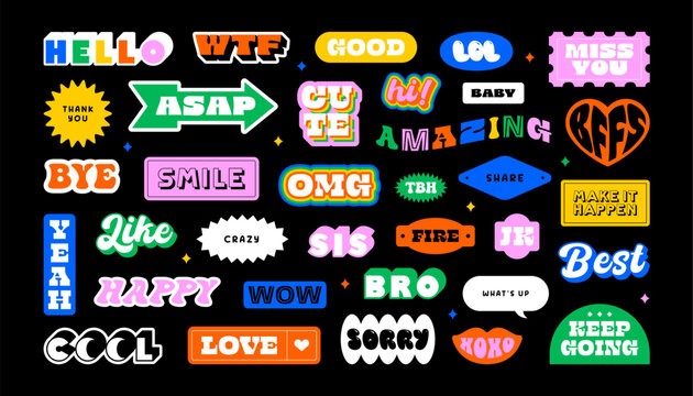 Naklejka Colorful funny quote sticker set. Collection of trendy retro text cartoon shapes. Fun comic word art and typography sign bundle. Includes motivation lettering design, love label, chat reaction.