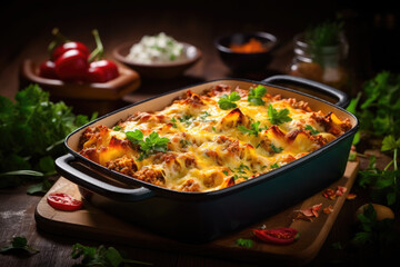 traditional meat lasagna in casserole on rustic wooden table
