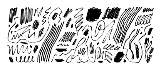 Fun line doodle, squiggles and scribbles set. Abstract squiggle style drawings, hand drawn marker scribbles. Vector black pencil sketches, charcoal lines, marks and dots. Childish rough crayon strokes - obrazy, fototapety, plakaty