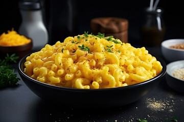 Typical American macaroni and cheese in bowl. Mac and cheese