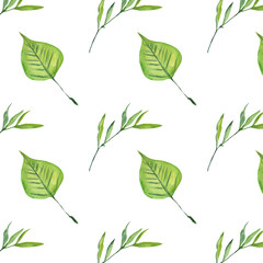 Seamless pattern green leaves trees, foliage of natural branches, green leaves, herbs, tropical plants hand drawn watercolor on white background.