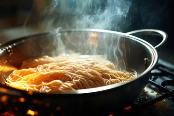 Close up cooking spaghetti in a hot pot coming out of smoke