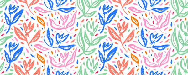 Vector seamless floral colorful pattern on a white background. Brush drawn tulip flowers with leaves and dots. Folk and childish style drawing. Modern exotic spring design. Fashionable summer banner.