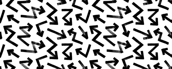Various bold brush drawn arrows seamless pattern. Hand drawn different straight lines with angles, bold lightning shaped arrows. Seamless abstract geometric pattern in sketchy grunge style.