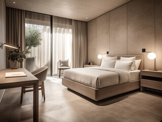 Modern minimalist luxury hotel bedroom with cream stone walls with grain and texture. Glamorous and expensive hotel room. Bedroom interior with concrete wall decorate. Generative AI