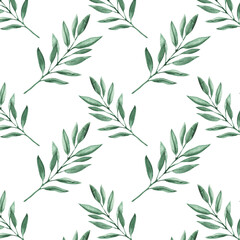 Seamless pattern green leaves trees, foliage of natural branches, green leaves, herbs, tropical plants hand drawn watercolor on white background.