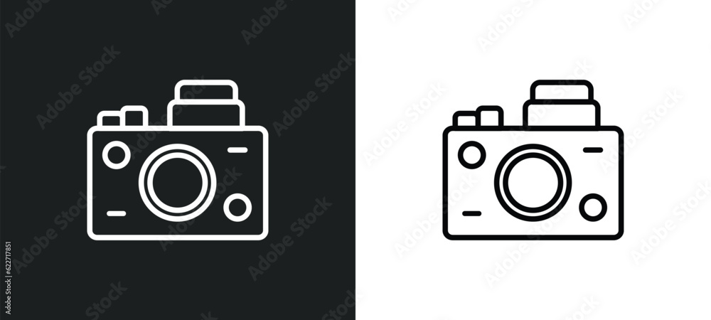 Poster big camera outline icon in white and black colors. big camera flat vector icon from hardware collect