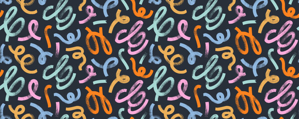 Multi colored biological grunge squiggles seamless pattern. Hand drawn bold grunge wavy and swirled brush strokes with loops. Colorful vector rough curly smears with scribbles in childish style.