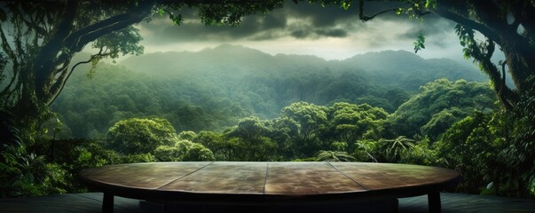 Monsoon rainforest full of green nature with wooden scale table, panorama. Generative Ai.