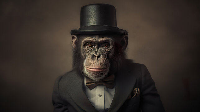 A monkey wearing a bowler hat and bow tie. Monkey in a very chic suit and tie posing for a photo in vintage style and dramatic lighting. Realistic 3D illustration. Generative AI