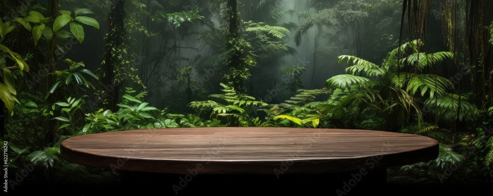 Wall mural monsoon rainforest full of green nature with wooden scale table, panorama. generative ai.