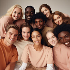 Obraz premium A vibrant and diverse group of beautiful people, each of different races and skin tones, come together in a breathtaking moment of unity and joy