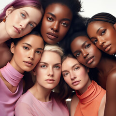 Obraz premium A stunning snapshot of beauty and unity, this diverse group of women of all skin tones and races come together in an enchanting embrace, captivating the viewer with their undeniable charm