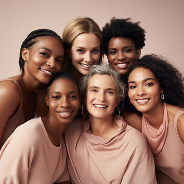 A stunning, diverse group of beautiful women from different races come together to create a vibrant portrait of strength and joy