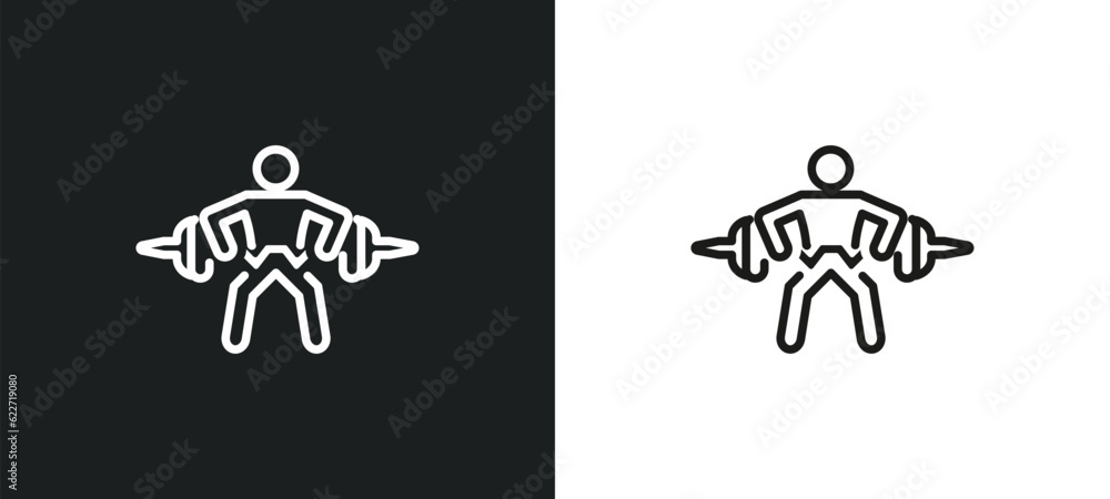 Poster exercising dumbbell outline icon in white and black colors. exercising dumbbell flat vector icon fro