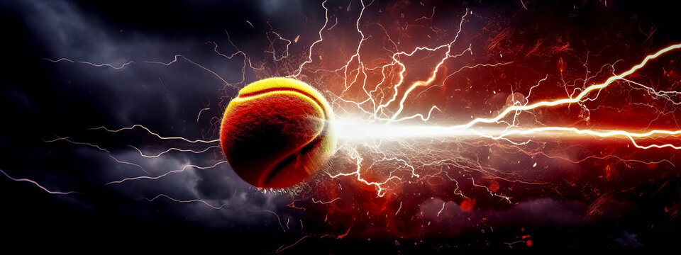 tennis ball and clay courts, motion energy and lightning, banner made with Generative AI